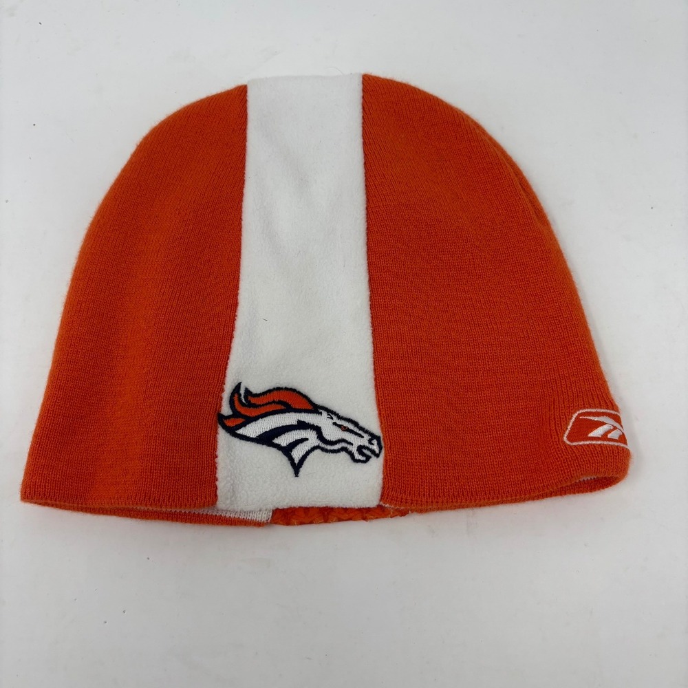 Vtg Denver Broncos Beanie Unisex Reebok Sideline Orange White Reversible NFL Hat